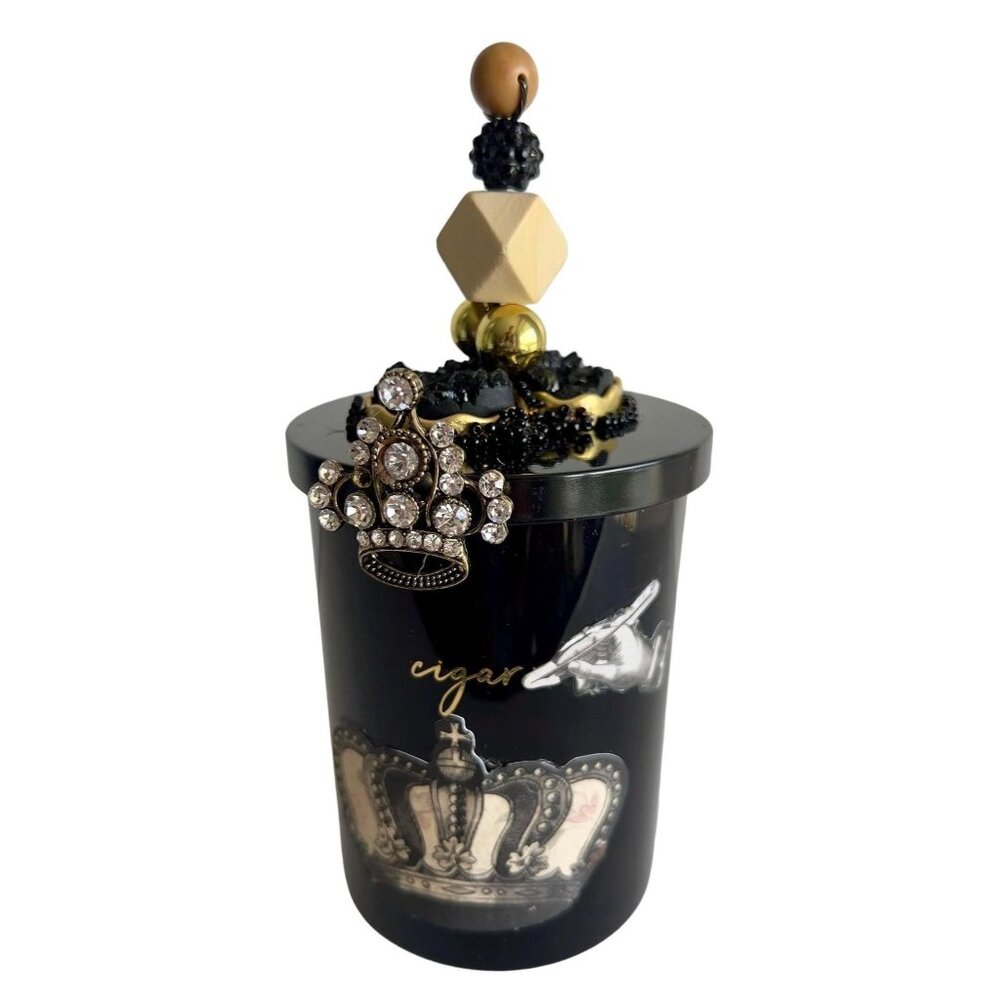 Crown Cigar Glass Jar, Jewel Encrusted Lid Ball Tassle Vanity Jar Jeweled Ornate